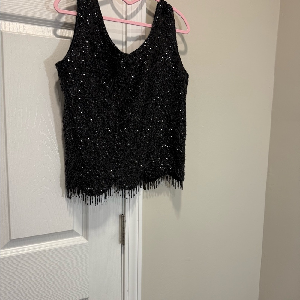 Vintage HONG KONG BLACK SPARKLY BEADED SEQUINS EVENING 100% WOOL
TOP SZE M - Picture 8 of 10